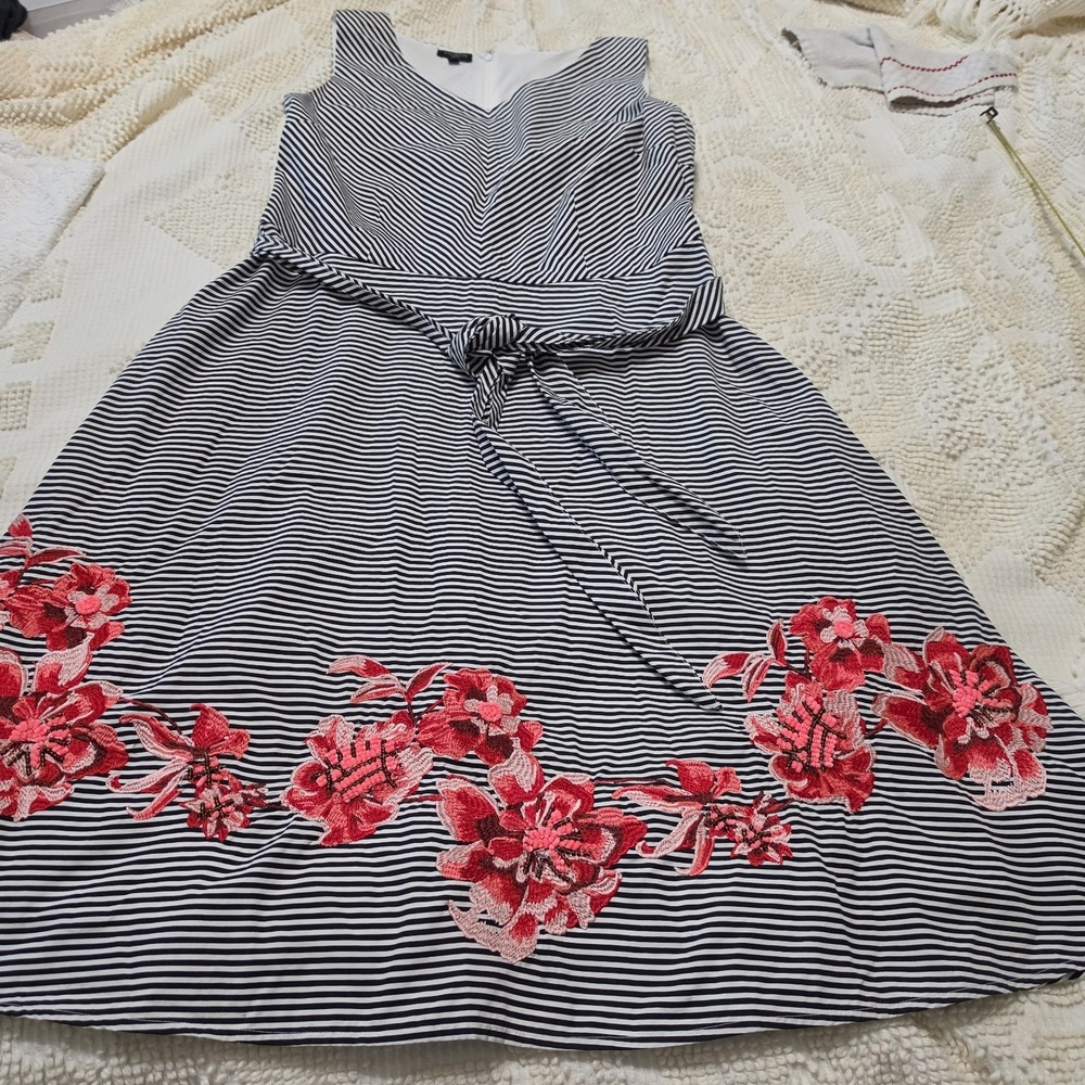 Talbots Black White Striped Floral Embroidered Fit & Flare Dress Size 14 Petite